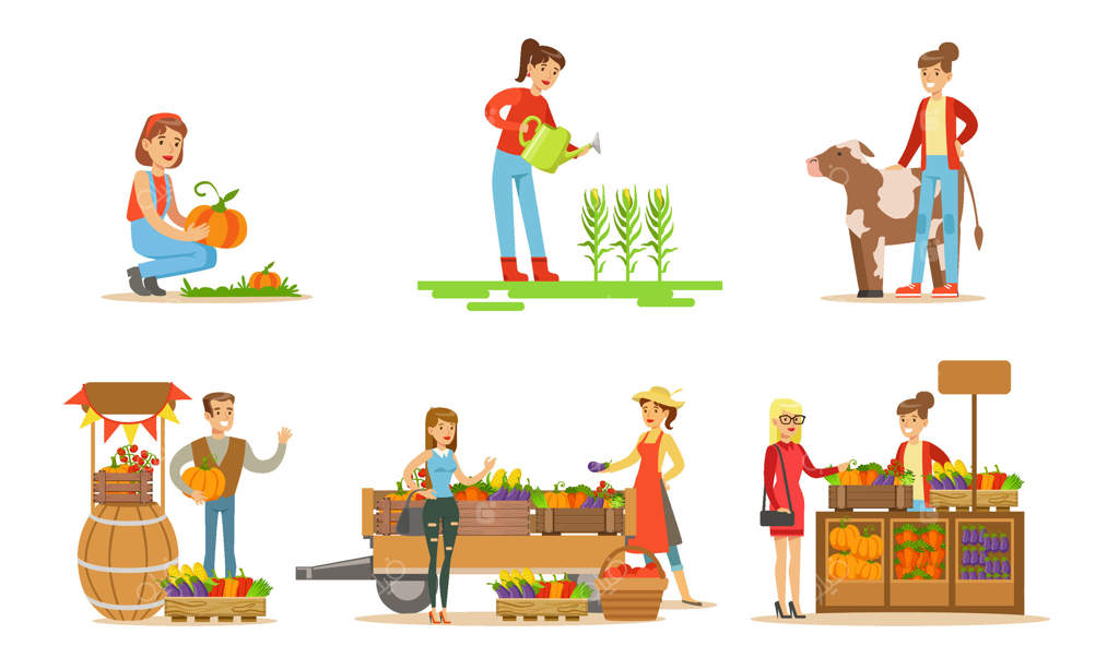 کار در مزرعه یا باغ: برداشت محصول، آبیاری گیاهان، نگهداری از حیوانات و فروش سبزیجات ارگانیک در بازار کشاورز