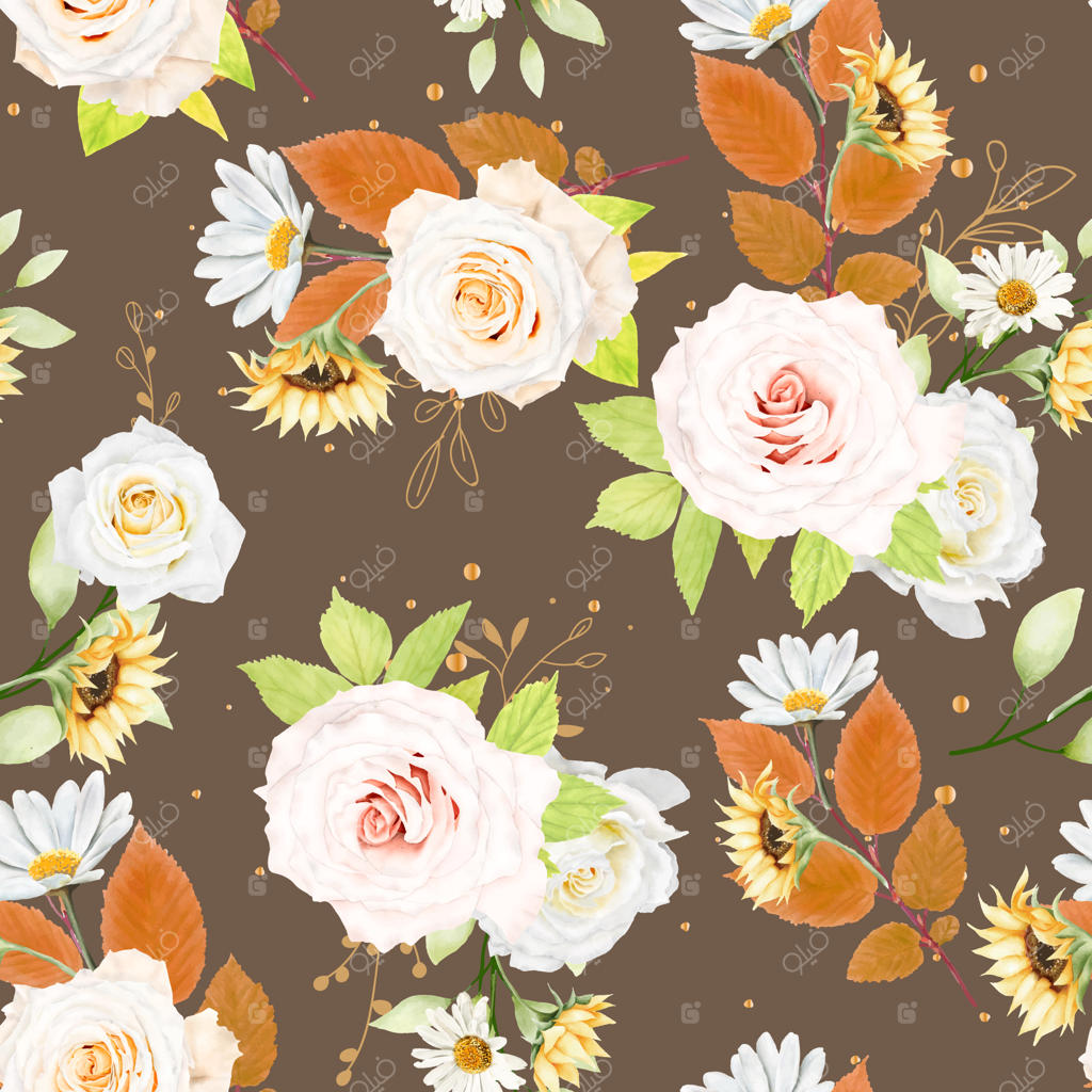 پترن یکپارچه گل‌ها و برگ‌ها با آبرنگ