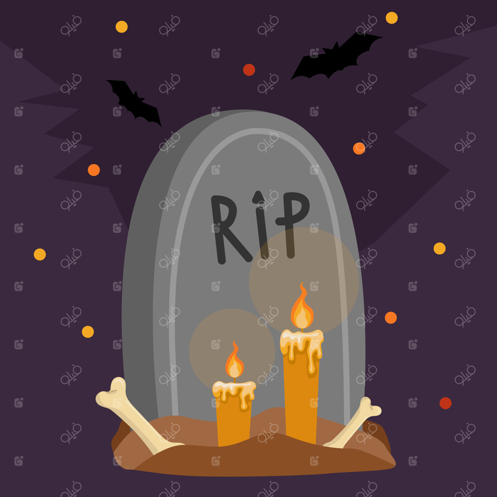 سنگ قبر هالووین با نوشته RIP، شمع، استخوان و خفاش مناسب برای کارت دعوت، پوستر و بنر جشن