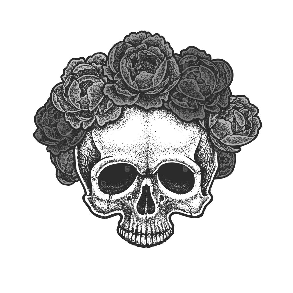 جمجمه‌ای به سبک نقطه‌کاری با تاجی از گل‌های صدتومانی