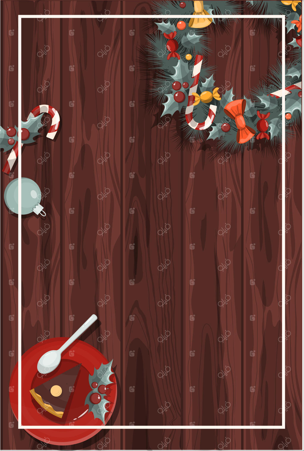 بنر وکتور تخت کریسمس مبارک با تزئینات جشن و خوراکی‌ها برای پس‌زمینه کریسمس