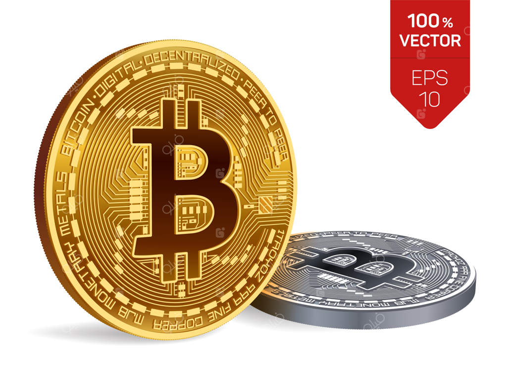 بیت‌کوین: سکه‌های طلایی و نقره‌ای با بیت‌کوین جداگانه. رمز ارز.