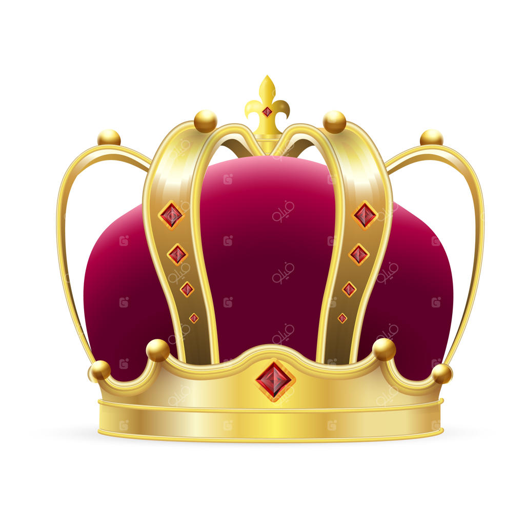 لوگوی تاج: تاج سلطنتی طلایی واقعی با مخمل قرمز و جواهرات یاقوت. تاج کلاسیک شاه یا ملکه، نشان‌دهنده تزئین لوکس و قدرت.