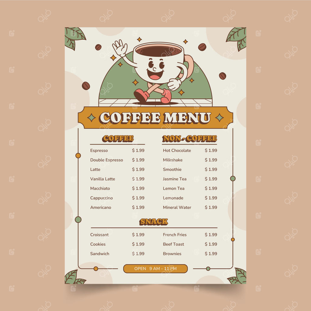 قالب منوی قهوه با طراحی دستی