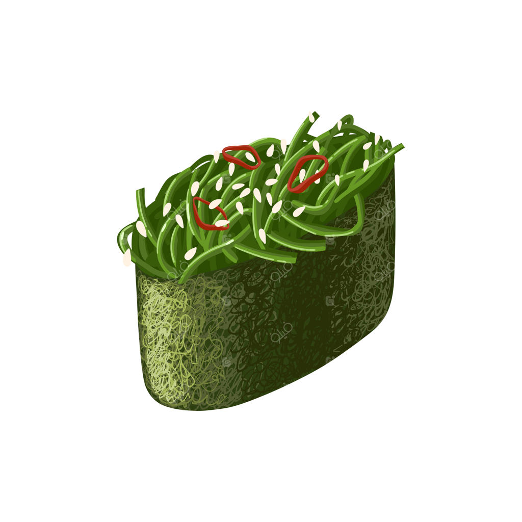 سوشی گونکان ژاپنی با چکا، برنج و دانه‌های کنجد در لفافه جلبک نوری. کلیپ‌آرت برداری.