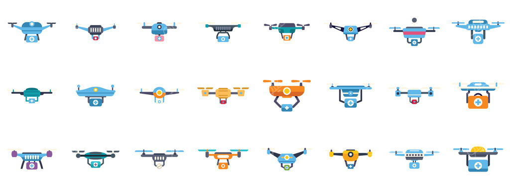 پهپادهای پزشکی در حال تحویل جعبه کمک‌های اولیه و کوادکوپترهای در حال پرواز حامل دارو