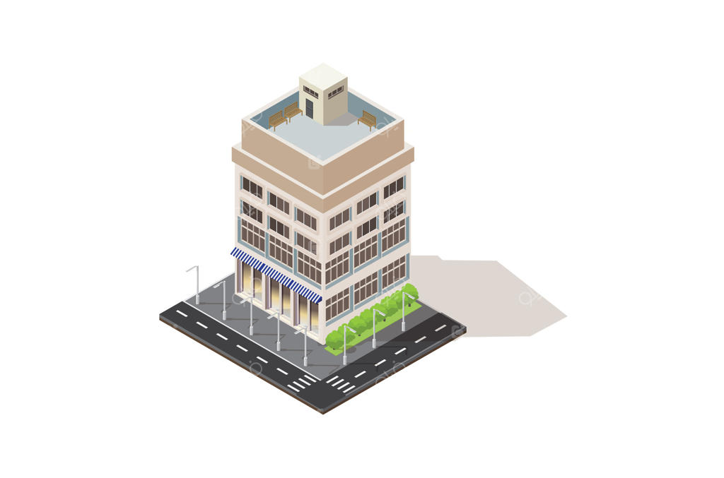 تصویرسازی یک ساختمان هتل با باغ زیبایی در کنار جاده، به سبک ایزومتریک مناسب برای نمودارها، دارایی‌های بازی و دیگر موارد