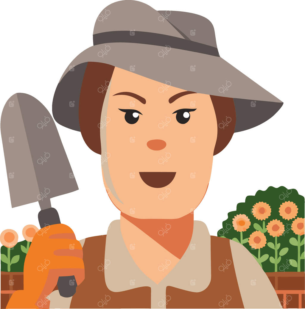 تصویرسازی علاقه‌مند به باغبانی: زنی با بیلچه در میان گل‌ها - مناسب برای طراحی‌های گرافیکی وکتور