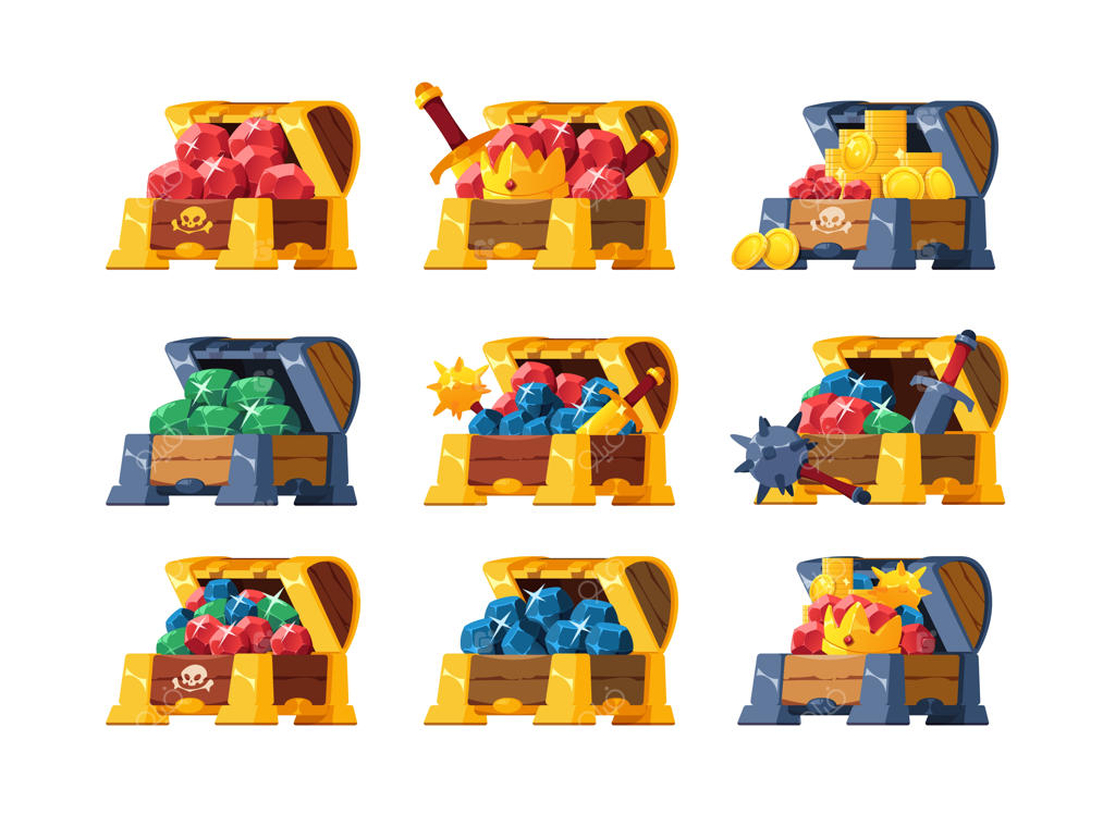 گنجینه کارتونی: جعبه چوبی فانتزی با سکه‌های طلا و جواهرات - عناصر طراحی گرافیکی دزدان دریایی قرون وسطایی (مجموعه وکتور)