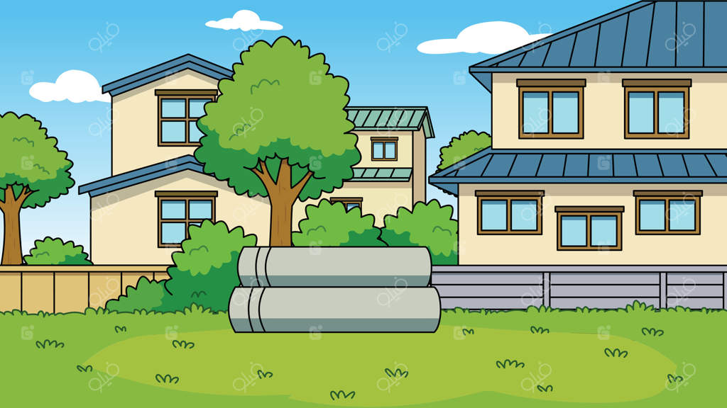 روز آفتابی در محله: خانه‌ها، درختان و باغی آرام