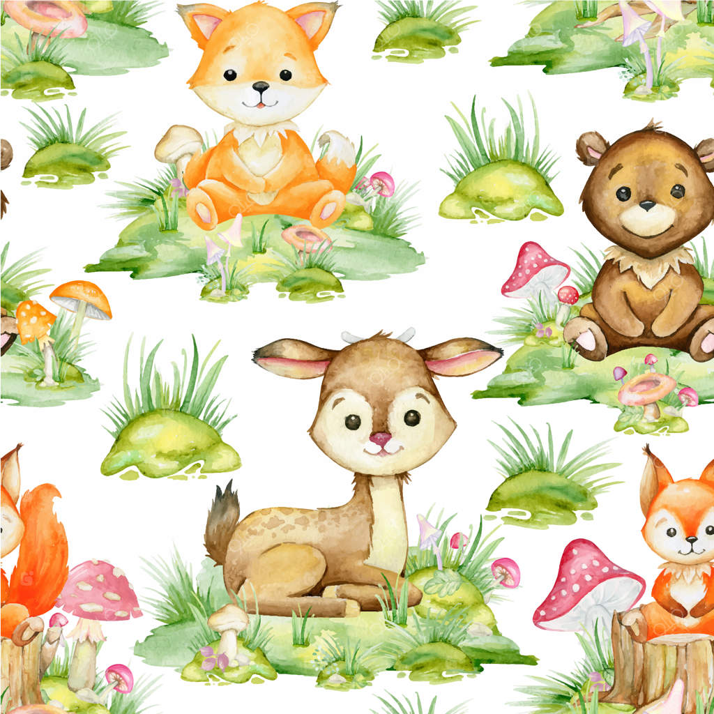 حیوانات جنگل: روباه، گوزن، خرس، سنجاب به سبک کارتونی - پترن یکپارچه آبرنگی