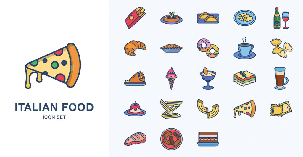 مجموعه آیکون‌های خطی و رنگی غذای ایتالیایی