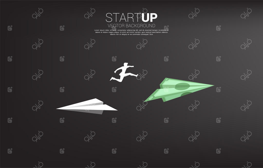 سایه یک تاجر که از یک هواپیمای کاغذی اوریگامی به اسکناس پرش می‌کند به عنوان نمادی از تغییر مسیر در کسب‌وکار. مفهوم تغییر جهت در تجارت. چشم‌انداز و مأموریت شرکت.