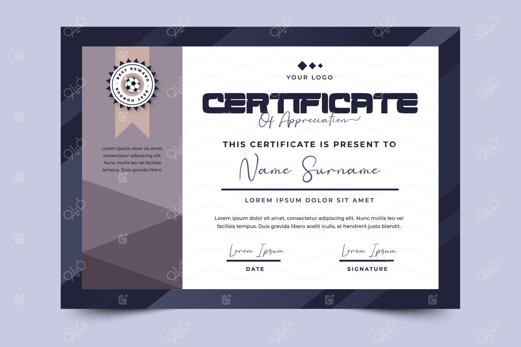 تمپلیت طراحی گواهی مسابقات فوتبال - قابل تنظیم و شخصی‌سازی آسان