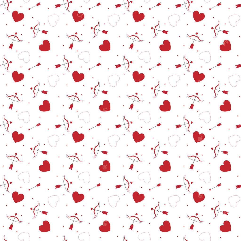 الگوی قلب قرمز با تیرهای عشق و روبان‌های رمانتیک بر روی زمینه سفید