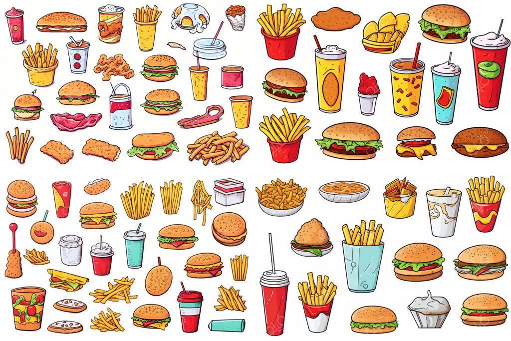 مجموعه‌ای از غذا و نوشیدنی شامل همبرگر، سیب‌زمینی سرخ‌کرده و فست فود