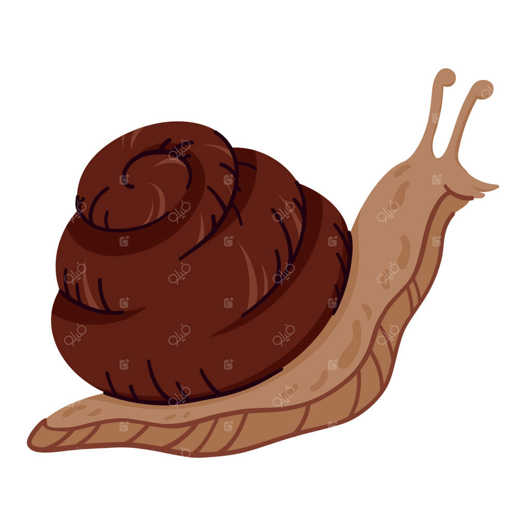 حلزون قهوه‌ای بامزه با پوسته مارپیچی و شاخک‌ها در حال خزیدن: شخصیت کارتونی زیبا برای طراحی‌های طبیعت یا حیوانات.