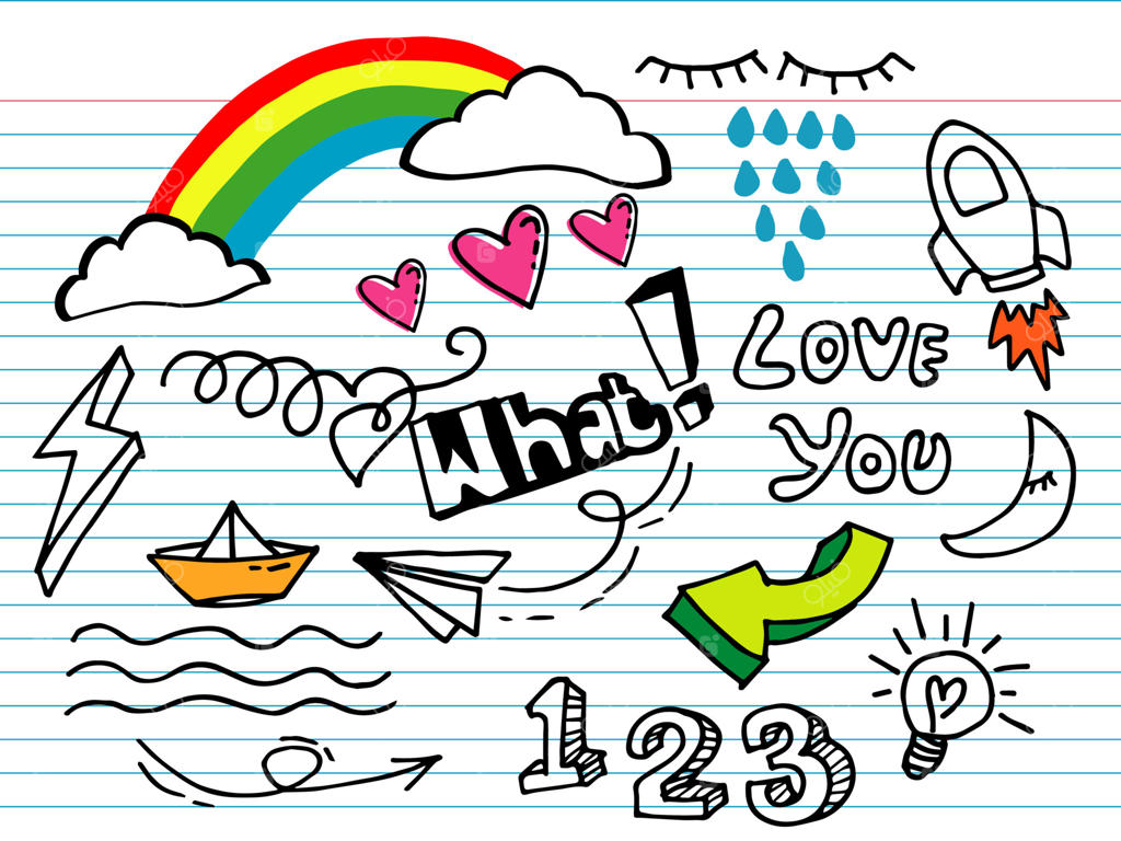 مجموعه طراحی دستی از دودل‌ها: عناصر طراحی برای مفهوم‌پردازی. ابر، رنگین‌کمان، فلش سه‌بعدی، چشم‌ها، خطوط، اعداد، موشک. با رنگ‌ها. تصویر برداری وکتور