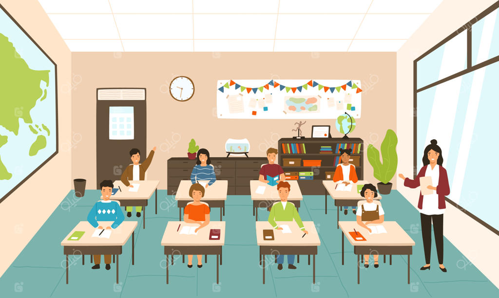 دانش‌آموزان پشت میز در کلاس درس مدرن و معلم زن جوان در حال تدریس