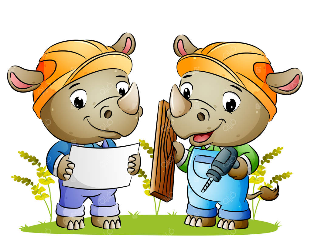 کرگدن خالق زوج، تخته چوبی و کاغذ طراحی را در دست دارد