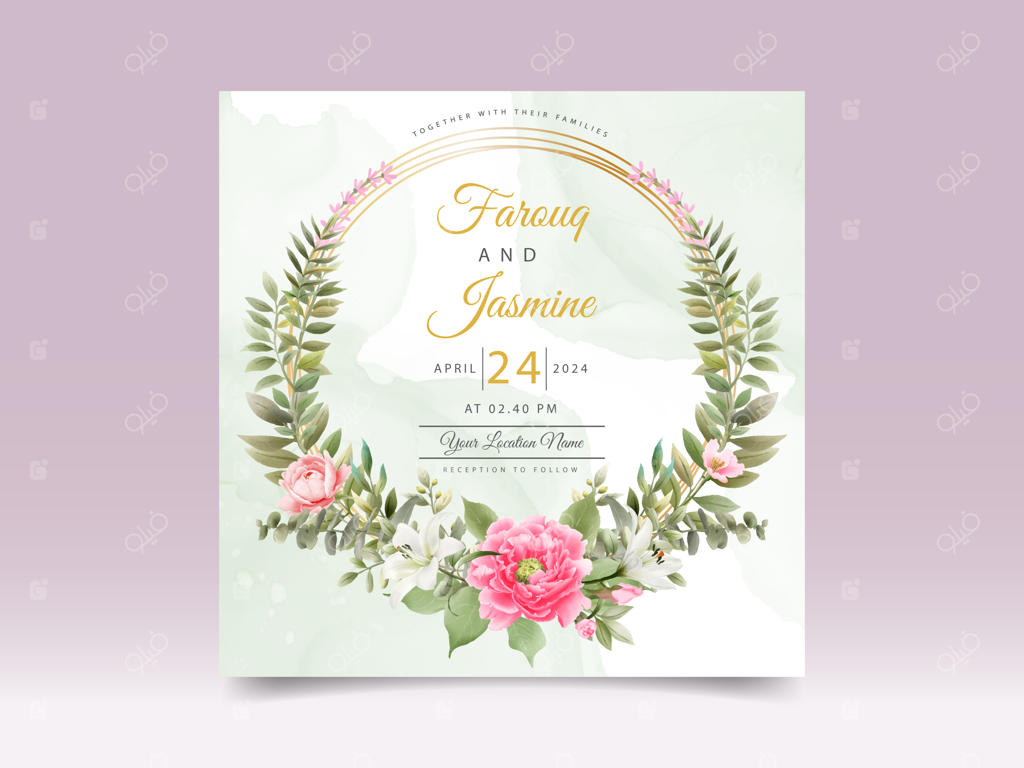 قالب کارت دعوت عروسی با گل‌های صورتی و سبز ملایم