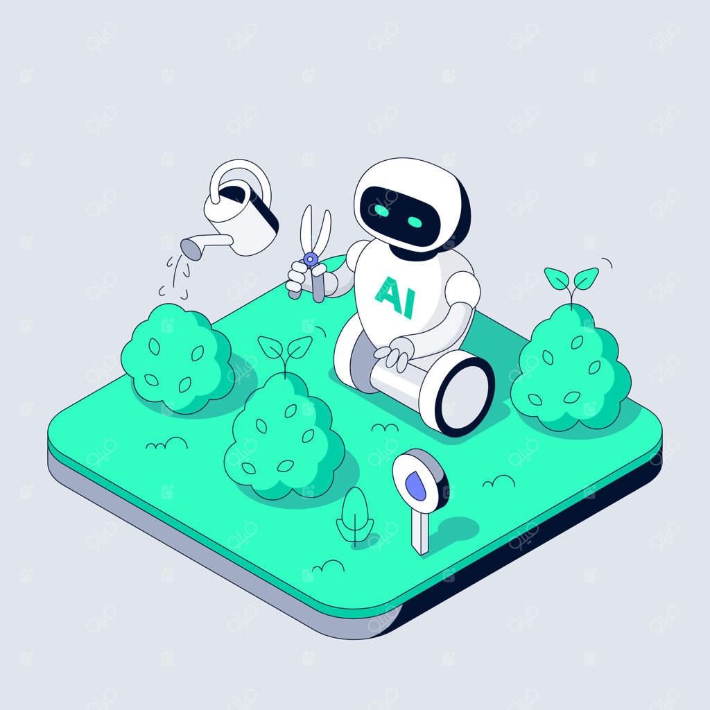 ربات باغبان خودگردان گیاهان را آبیاری کرده و بوته‌ها را هرس می‌کند. هوش مصنوعی هوشمند میزان رطوبت خاک را با حسگرها کنترل می‌کند. فناوری پایدار، نگهداری از باغ‌های سازگار با محیط زیست را بهبود می‌بخشد. تصویر ایزومتریکیک