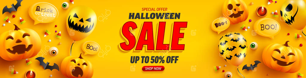 پوستر و بنر حراج هالووین با تم کدو و بادکنک‌های روح بامزه بر روی زمینه زرد. وبسایت ترسناک،