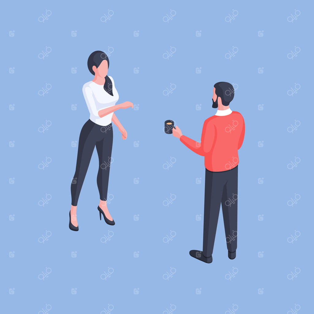 طراحی ایزومتریک مرد و زن مدرن با لباس نیمه‌رسمی، در حال نوشیدن قهوه و گفتگو در پس‌زمینه‌ی آبی