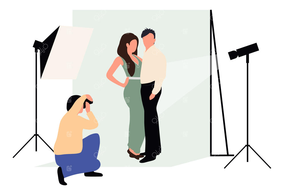 عکاسان حرفه‌ای در حال عکاسی از مدل‌های زن و مرد در حال ژست گرفتن