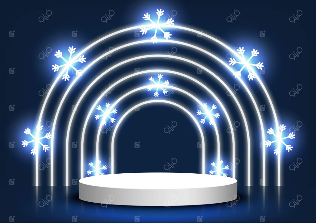 پایه خالی با نور نئون و تزیین شده با دانه‌های برف برای نمایش محصولات در روز کریسمس