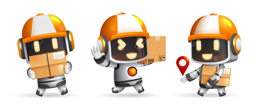 طراحی مجموعه ربات‌ها: کاراکترهای ربات تحویل‌دهنده با جعبه‌ها و نماد مکان‌یاب