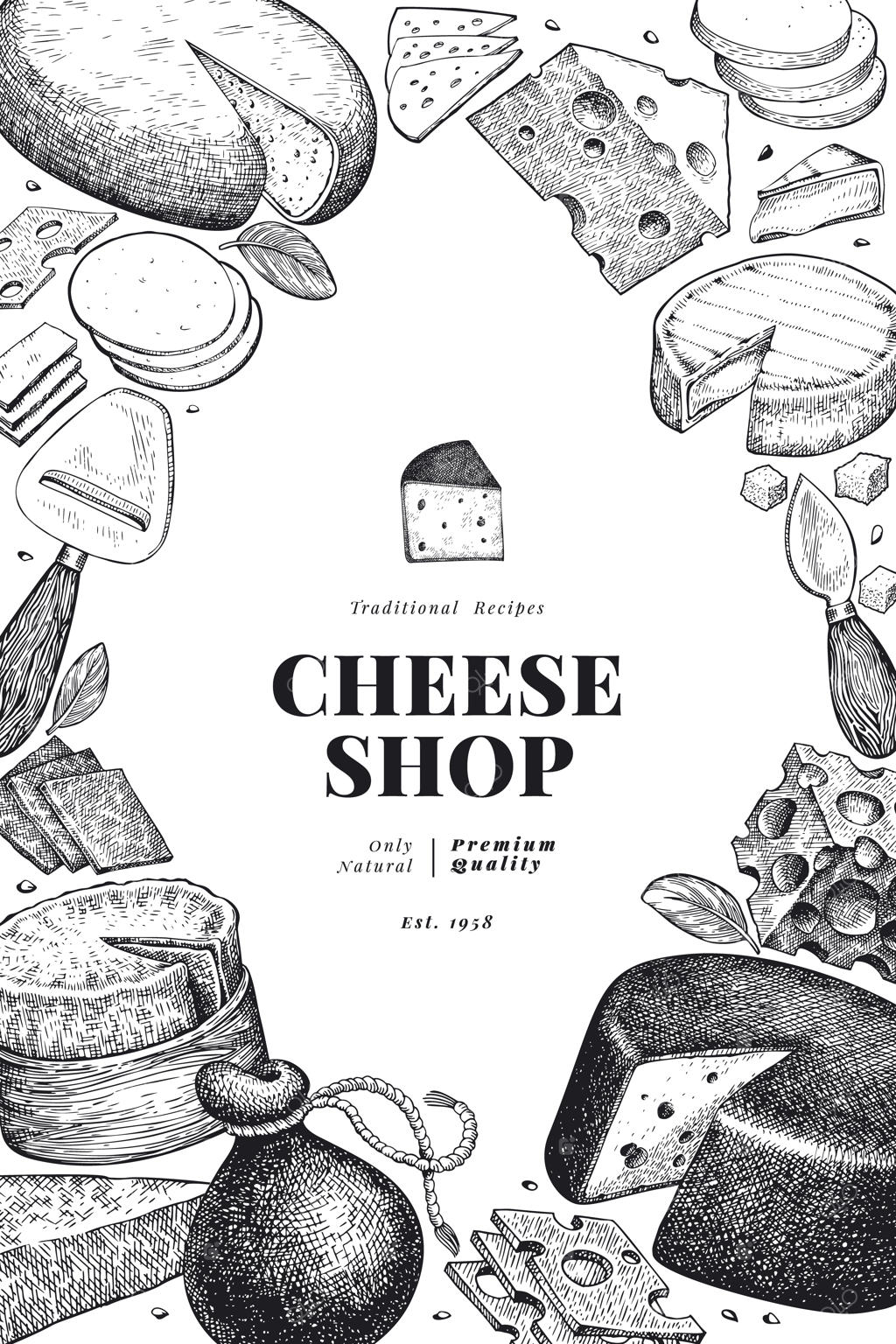 پترن طراحی پنیر: تصویرسازی دستی محصولات لبنی. بنر انواع مختلف پنیر به سبک حکاکی. پس‌زمینه غذایی به سبک قدیمی.