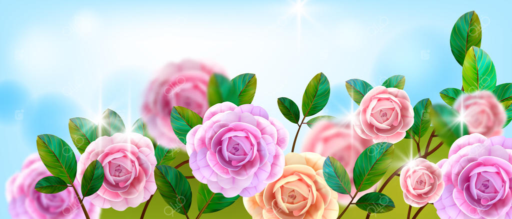 کارت پستال عاشقانه روز ولنتاین با پس‌زمینه‌ای از بوته‌های گل رز، گل‌های صورتی و برگ‌های سبز.