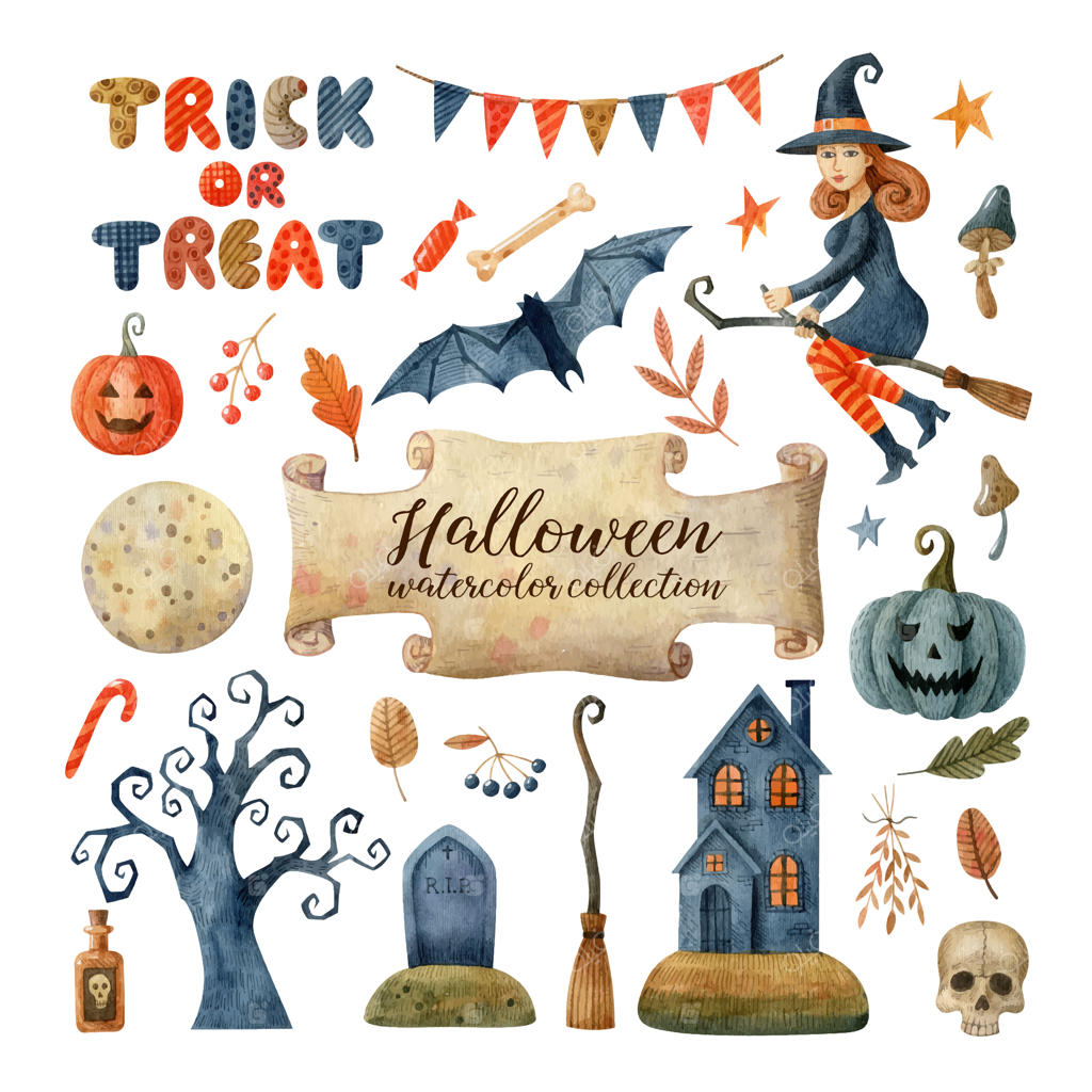 کلیپ‌آرت آبرنگی هالووین با نمادهای سنتی بر روی زمینه سفید