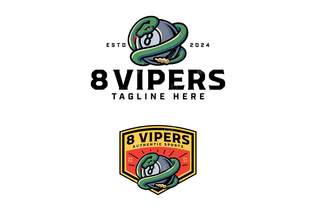 طراحی لوگوی توپ بیلیارد شماره ۸ با مار و لوگوی افعی. طراحی لوگوی توپ بیلیارد ۸ که توسط مار پوشیده شده - نشان خزنده. تصویرسازی مدرن لوگوی توپ بیلیارد برای باشگاه و مسابقات بیلیارد.