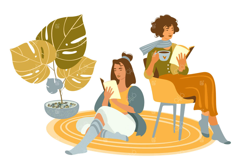 خانه دنج: دو زن جوان در حال خواندن کتاب روی مبل - تصویر وکتور تخت