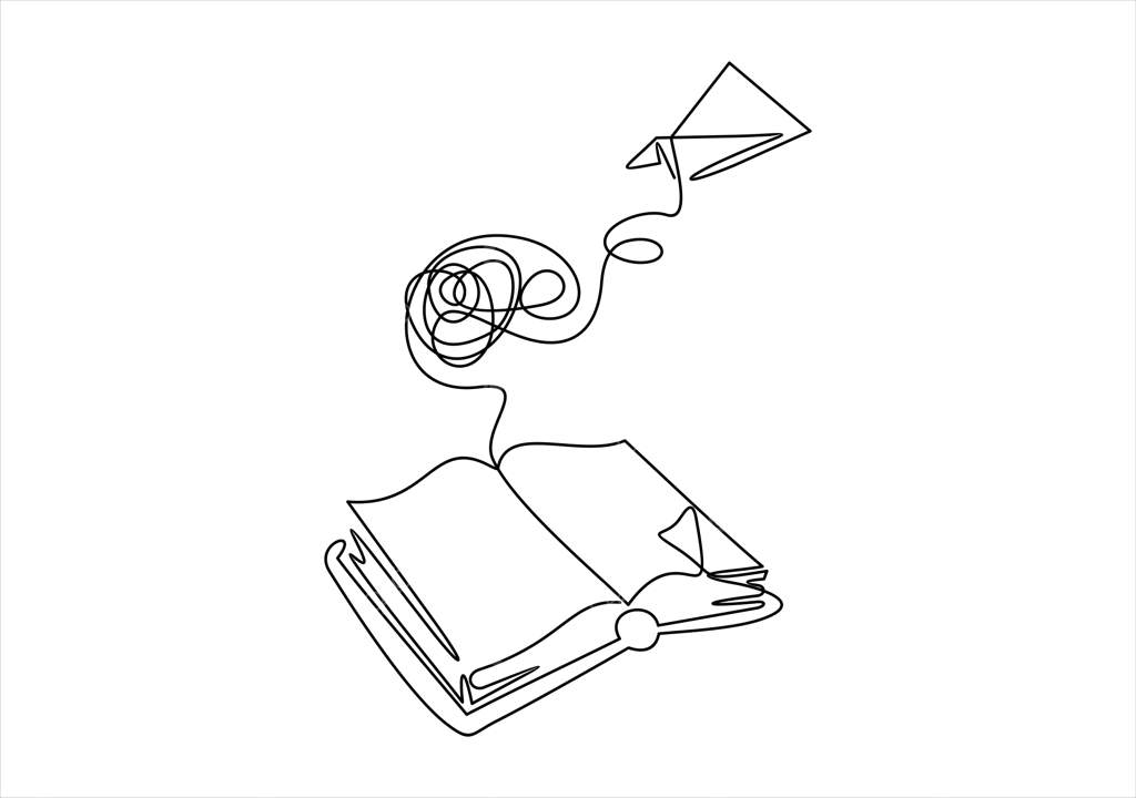 کتاب باز و هواپیمای کاغذی در حال پرواز - طراحی با یک خط پیوسته