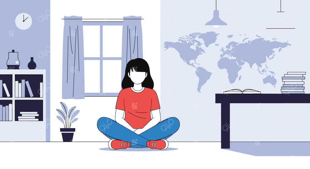 زن در حال مدیتیشن چهارزانو و کسب آرامش در اتاق