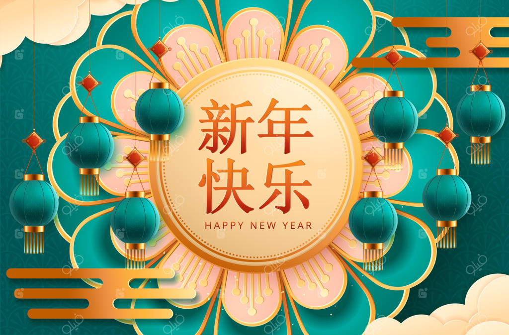 طراحی سال نو مبارک با فانوس‌های آویزان به سبک هنر کاغذی، نوشته‌های "بخت" و "بهار" با حروف چینی بر روی فانوس‌ها.