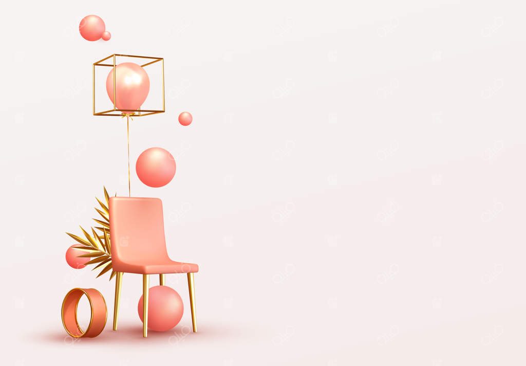 پس‌زمینه مینیمال و خلاقانه: طراحی واقع‌گرایانه اشیاء سه‌بعدی با اشکال مختلف شامل صندلی صورتی و برگ‌های شاخه نخل طلایی، کره مرجانی، توپ گرد، و بادکنک‌های صورتی. تصویرسازی وکتور.
