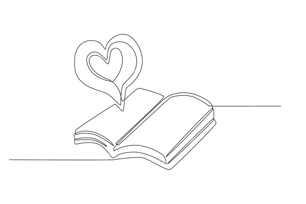 طرح خطی ساده قلب روی کتاب برای روز دوستداران کتاب - طرح هنری وکتور با یک خط