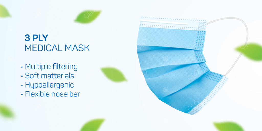 ماسک صورت پزشکی آبی با برگ‌های سبز: طراحی ماسک جراحی برای محافظت در برابر ویروس با فضای خالی برای نوشتاری.