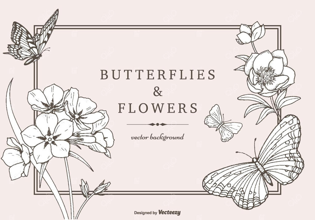پس‌زمینه وکتور پروانه‌ها و گل‌های دست‌ساز