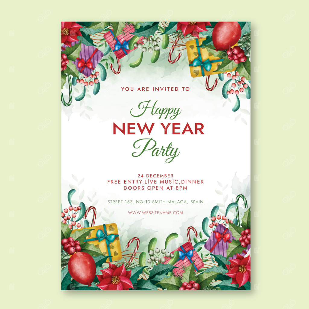 قالب بروشور مهمانی سال نو با طراحی آبرنگی