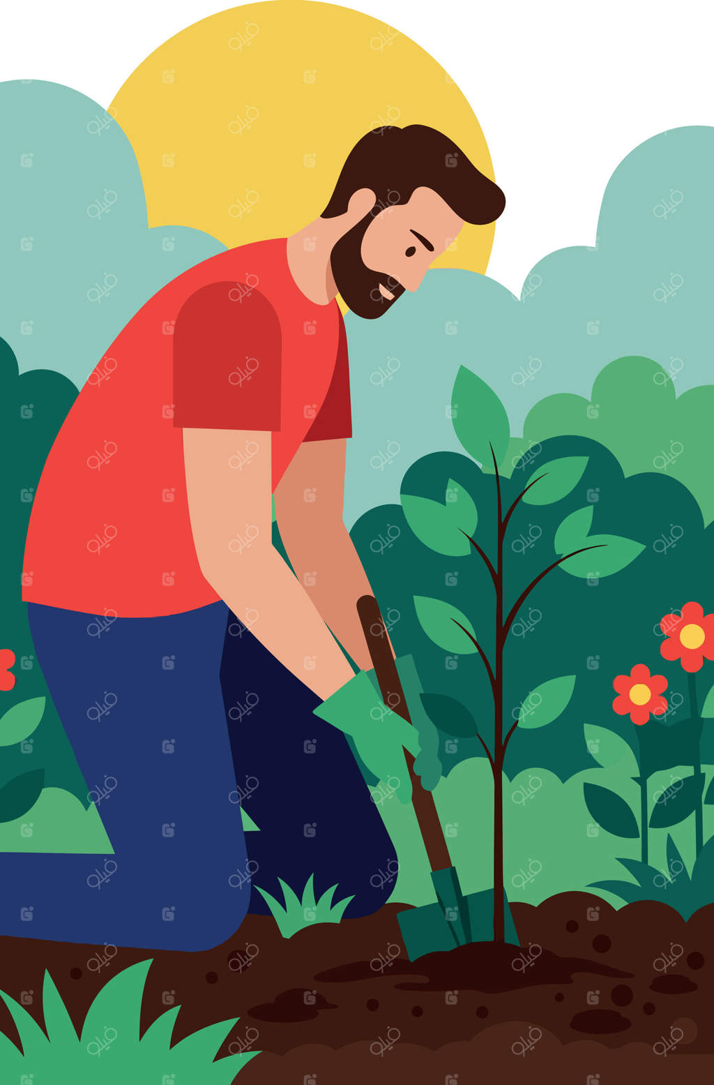 تصویر کاشت درخت در باغ با آفتاب و گل‌ها: فعالیتی در فضای باز