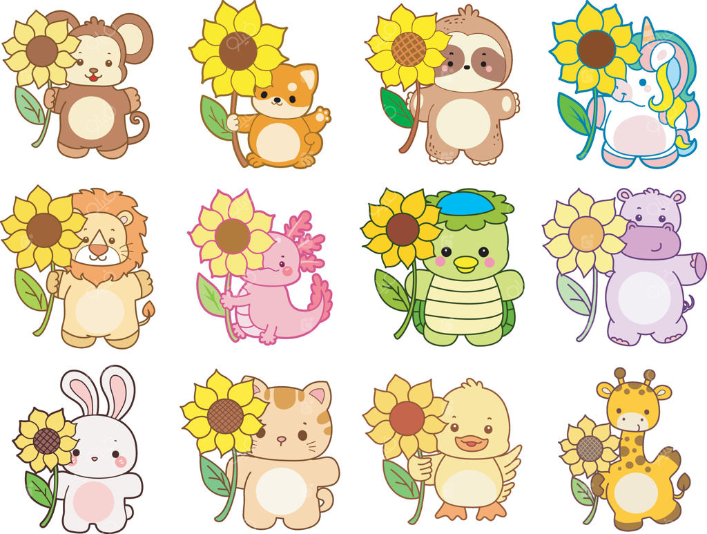 شخصیت‌های بامزه‌ی حیوانی با تم گل آفتابگردان (نسخه وکتور)