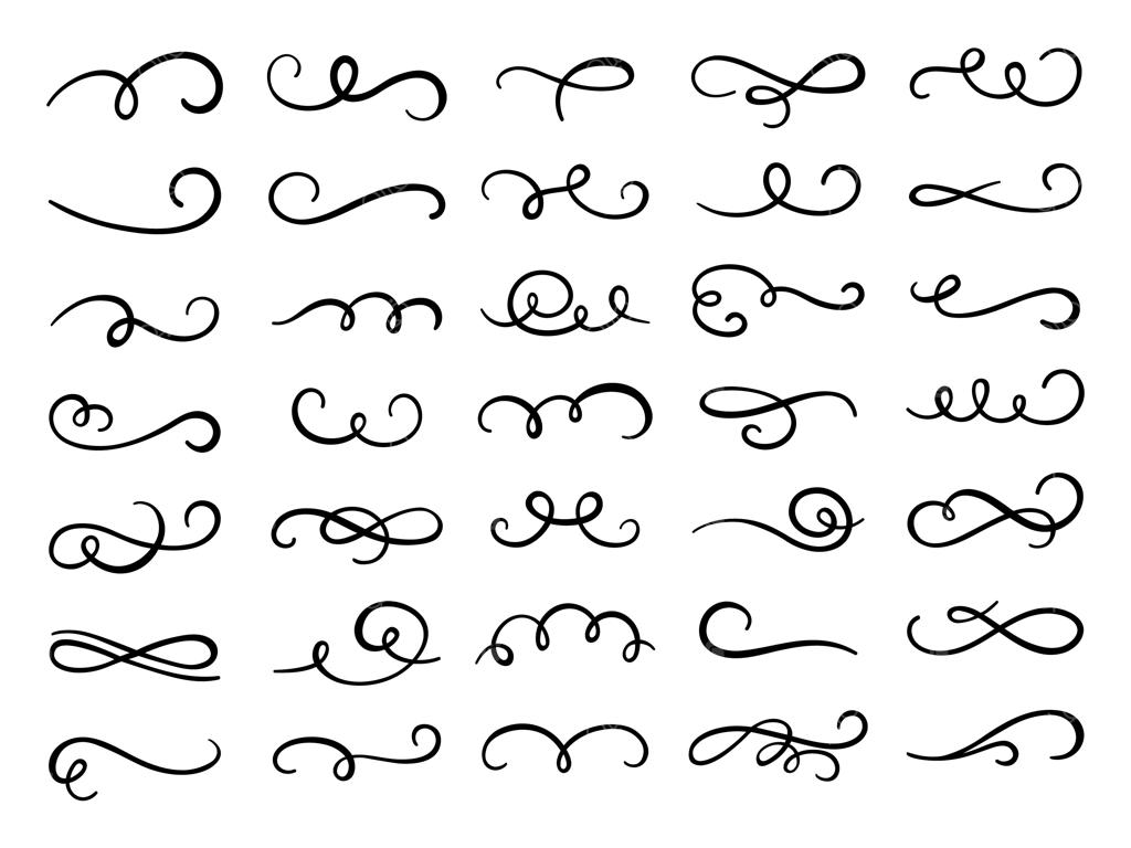 تزئینات چرخشی کالیگرافی: مجموعه‌ای از خطوط مارپیچ مدرن و رمانتیک برای کارت‌های عروسی و تزئینات کارت. مجموعه‌ای از خطوط نازک مشکی با نقوش زیبا.