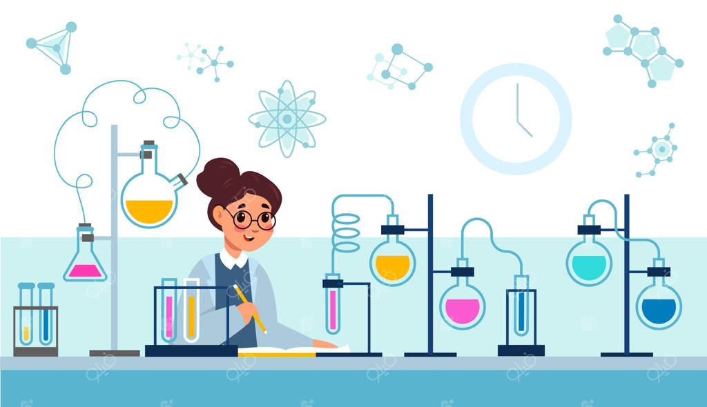 آزمایشگاه شیمی - زن کارتونی در آزمایشگاه حرفه‌ای کار می‌کند: محقق علمی در حال انجام آزمایش‌ها و نشستن کنار میز با لوله‌های آزمایش شیشه‌ای - پژوهش در زمینه شیمی یا داروسازی به تصویر درآمده است