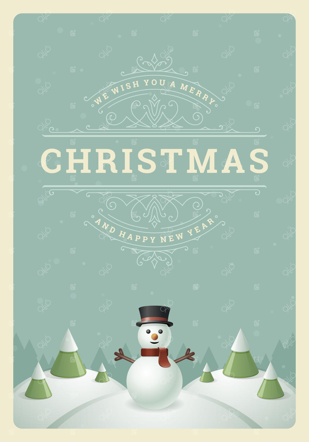 کارت تبریک کریسمس با طراحی تایپوگرافی قدیمی و تزئینات مجلل همراه با آدم‌برفی