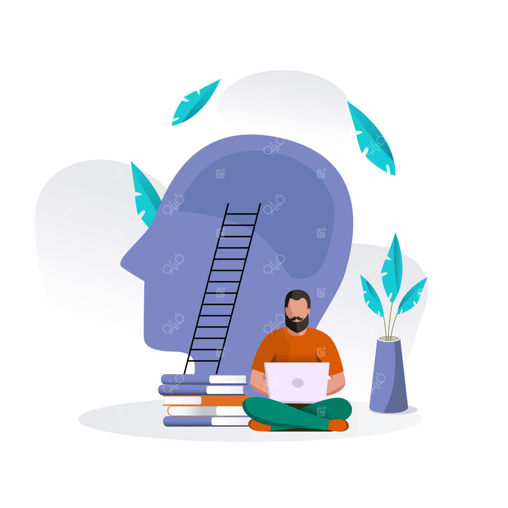 مردی مشغول کار با لپ‌تاپ و تصویر فکر در پس‌زمینه